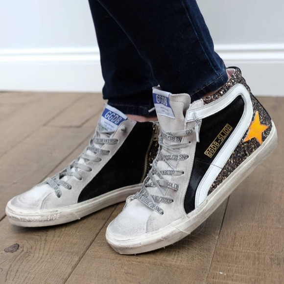 Golden Goose Slide Black/Gold Glitter Orange Star - Picture 1 of 12